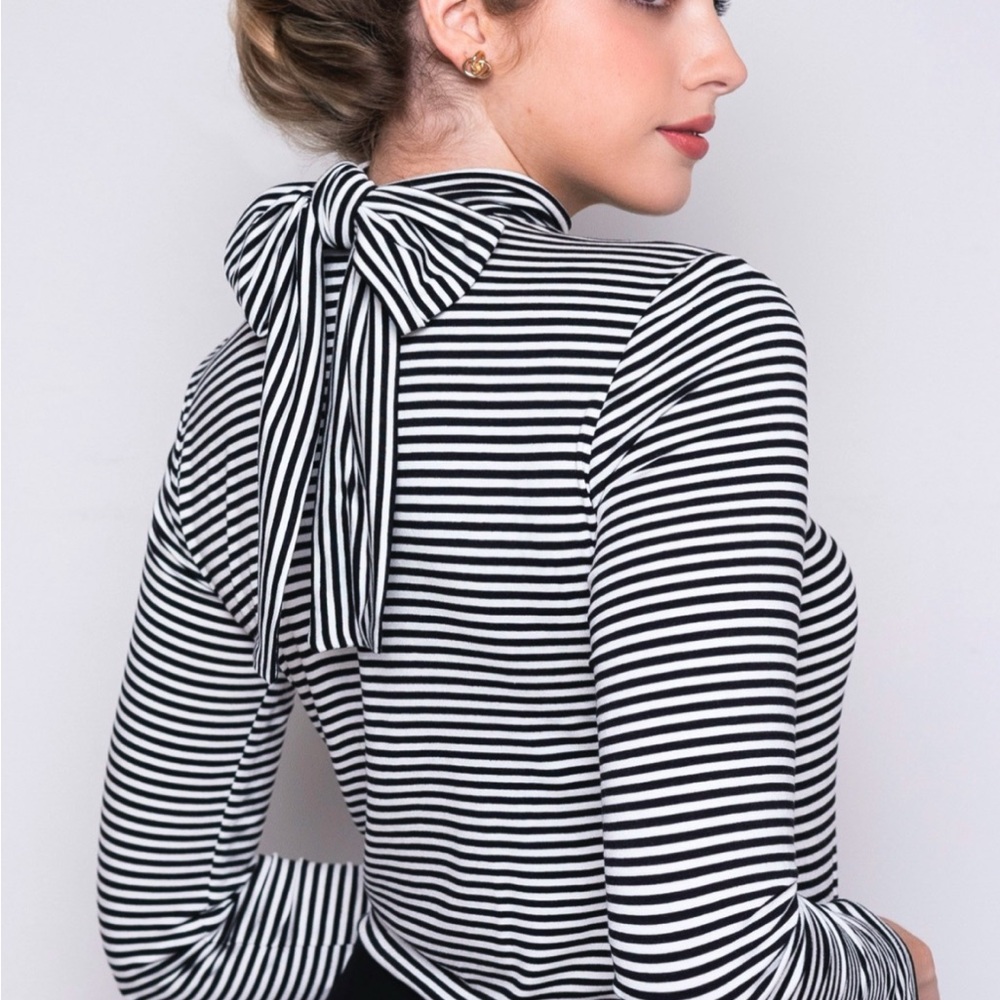 Striped Bow-Back Long Sleeve Top - Black/White